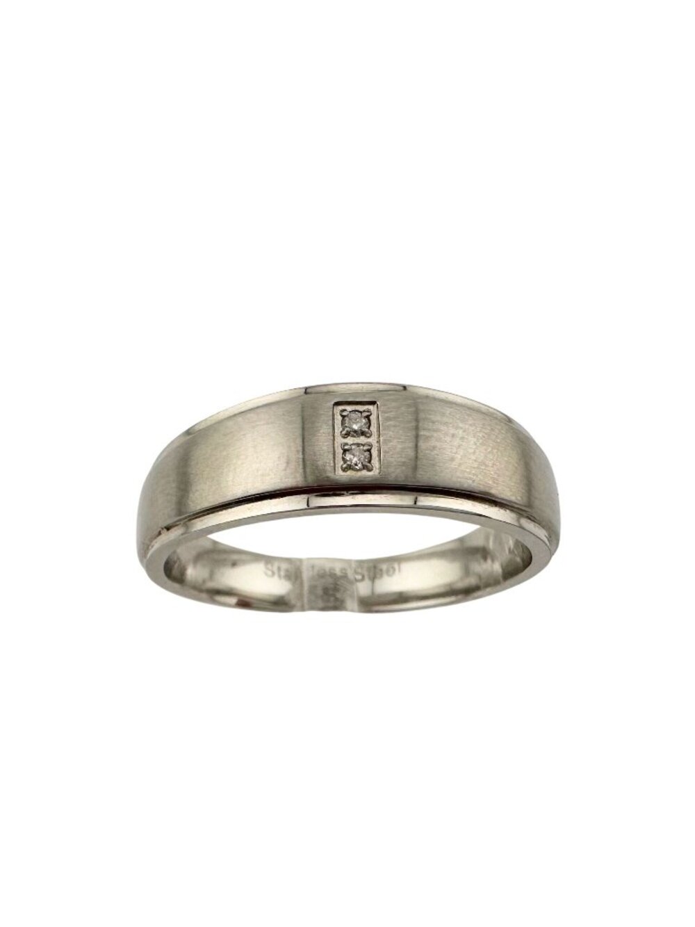 Polished Stainless Steel Diamond Wedding Band - Size 6.5